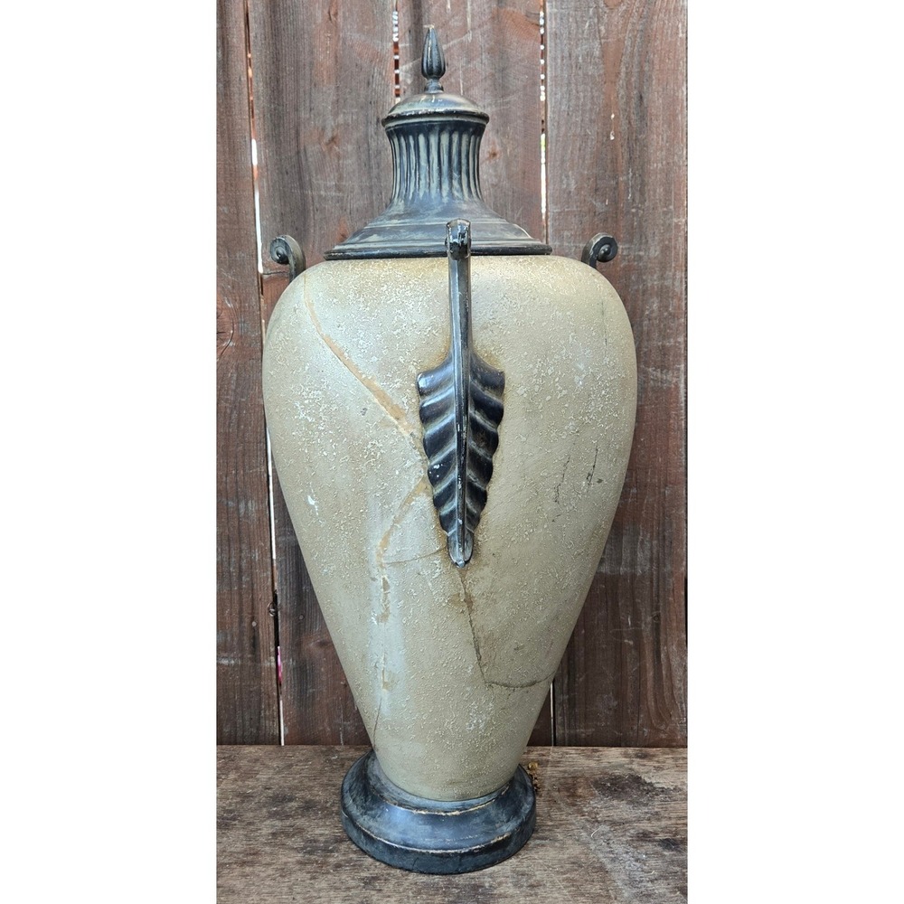 Ceramic Lidded Neoclassical Urn Vase Cream Black Handles Pedestal Decorative